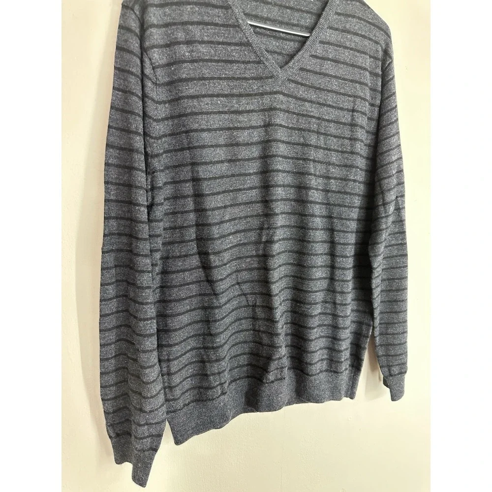 J.Crew 100% Merino Wool V-Neck Pullover Sweater‎ Gray Brown Striped Mens MEDIUM
